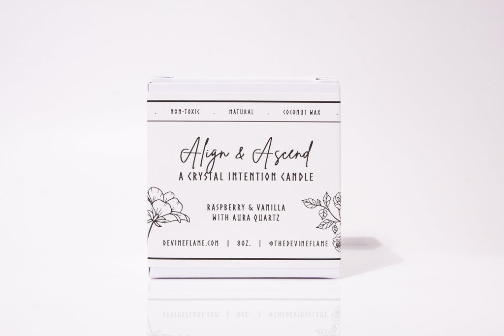 Align & Ascend - Raspberry Vanilla - Devine Flame handmade natural non-toxic & vegan coconut wax crystal infused intention candle with aura quartz crystal