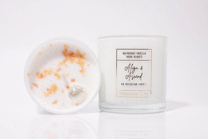 Align & Ascend - Raspberry Vanilla - Devine Flame handmade natural non-toxic & vegan coconut wax crystal infused intention candle with aura quartz crystal