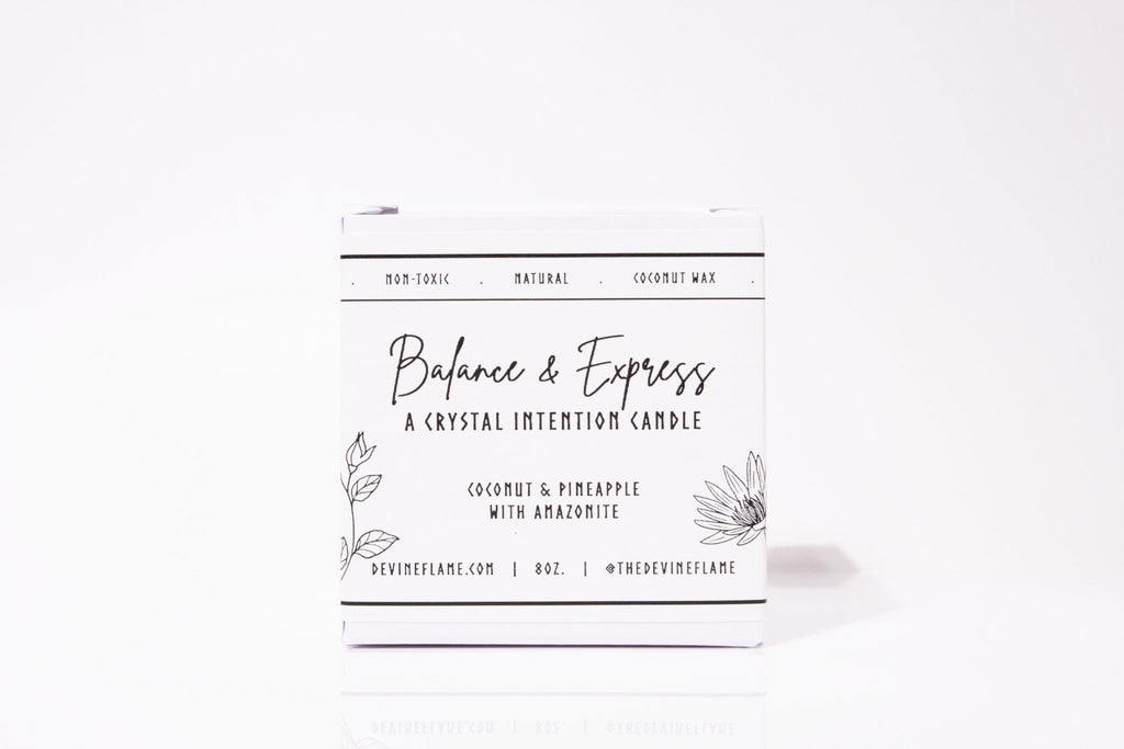 Balance & Express - Pineapple Coconut Devine Flame handmade natural non-toxic & vegan coconut wax crystal infused intention candle with amazonite
