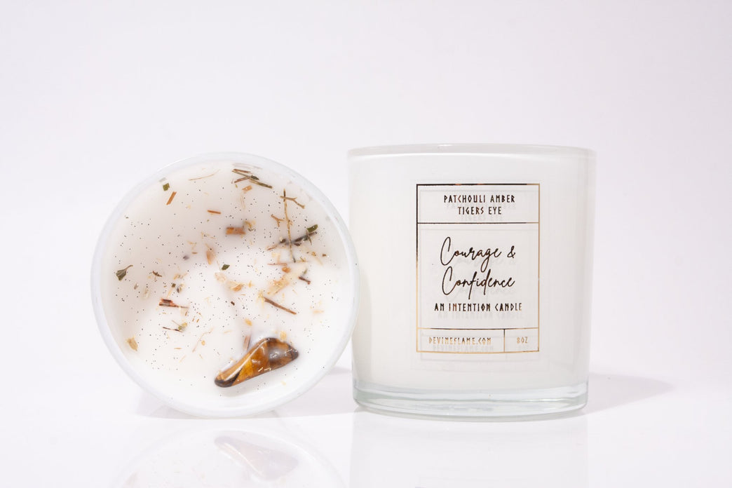 Courage & Confidence - Patchouli Amber Devine Flame handmade natural non-toxic & vegan coconut wax crystal infused intention candle with tigers eye crystal