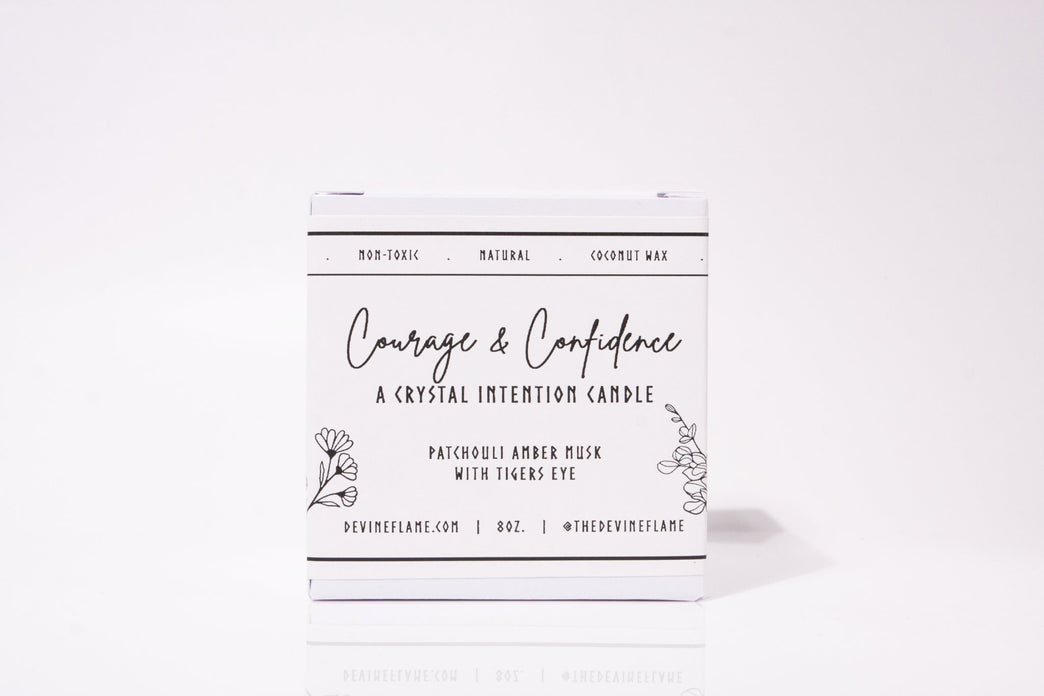 Courage & Confidence - Patchouli Amber Devine Flame handmade natural non-toxic & vegan coconut wax crystal infused intention candle with tigers eye crystal