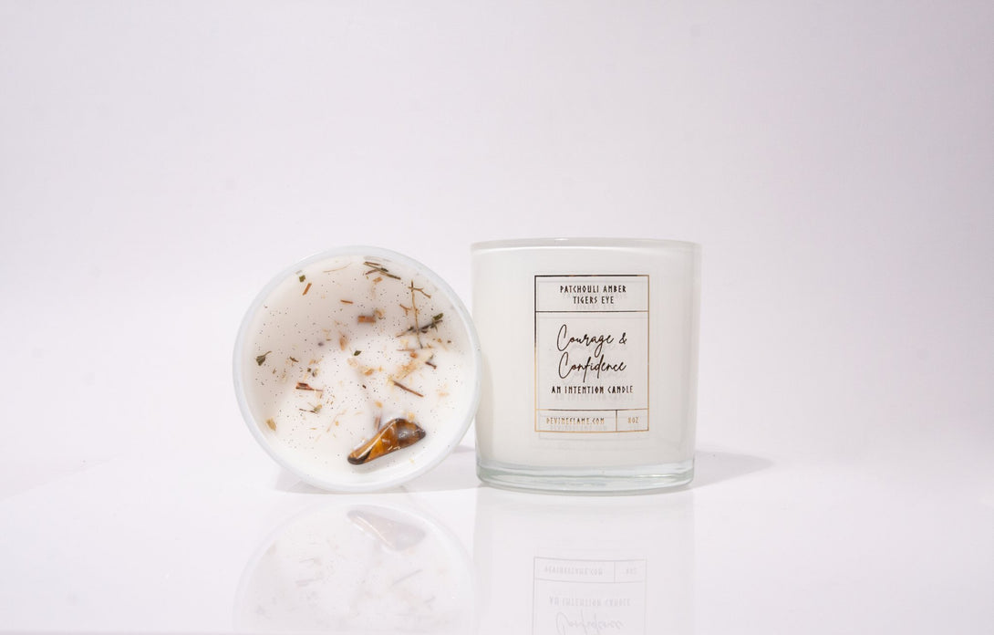 Courage & Confidence - Patchouli Amber Devine Flame handmade natural non-toxic & vegan coconut wax crystal infused intention candle with tigers eye crystal