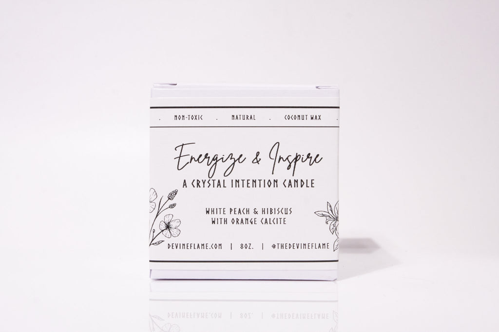 Energize & Inspire - Peach Hibiscus - Devine Flame handmade natural non-toxic & vegan coconut wax crystal infused intention candle with Orange Calcite