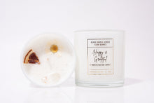 Load image into Gallery viewer, Happy &amp; Grateful - Orange Ginger Devine Flame handmade natural non-toxic &amp; vegan coconut wax intention candle with clear quartz
