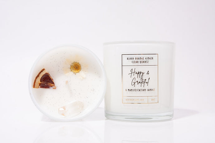 Happy & Grateful - Orange Ginger Devine Flame handmade natural non-toxic & vegan coconut wax intention candle with clear quartz