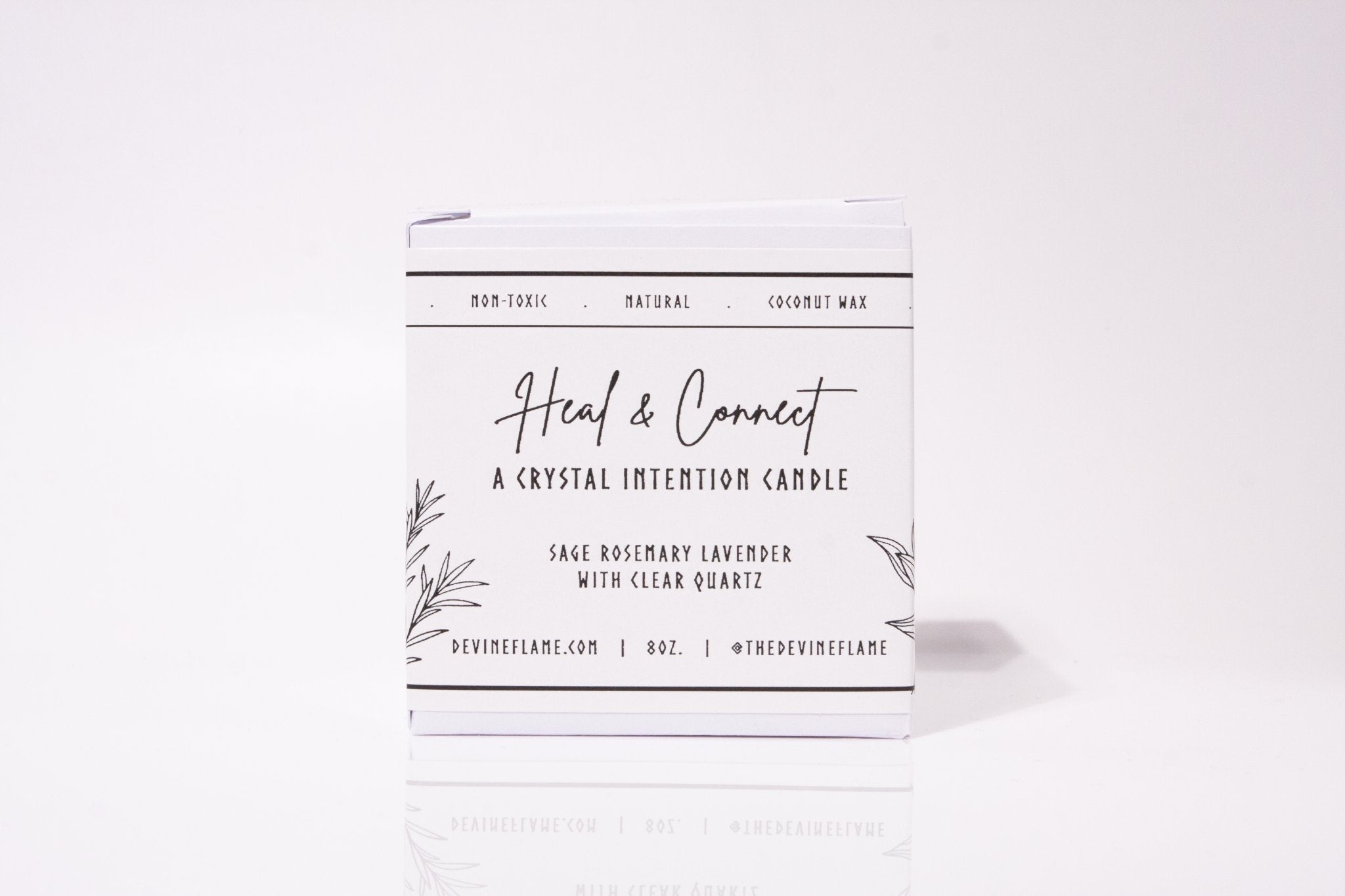 Heal & Connect - Sage Rosemary Devine Flame handmade natural non-toxic & vegan coconut wax crystal infused intention candle with clear quartz crystal