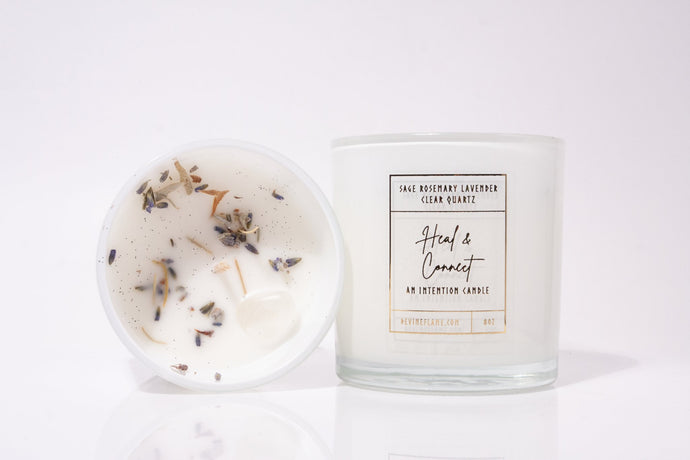 Heal & Connect - Sage Rosemary Devine Flame handmade natural non-toxic & vegan coconut wax crystal infused intention candle with clear quartz crystal