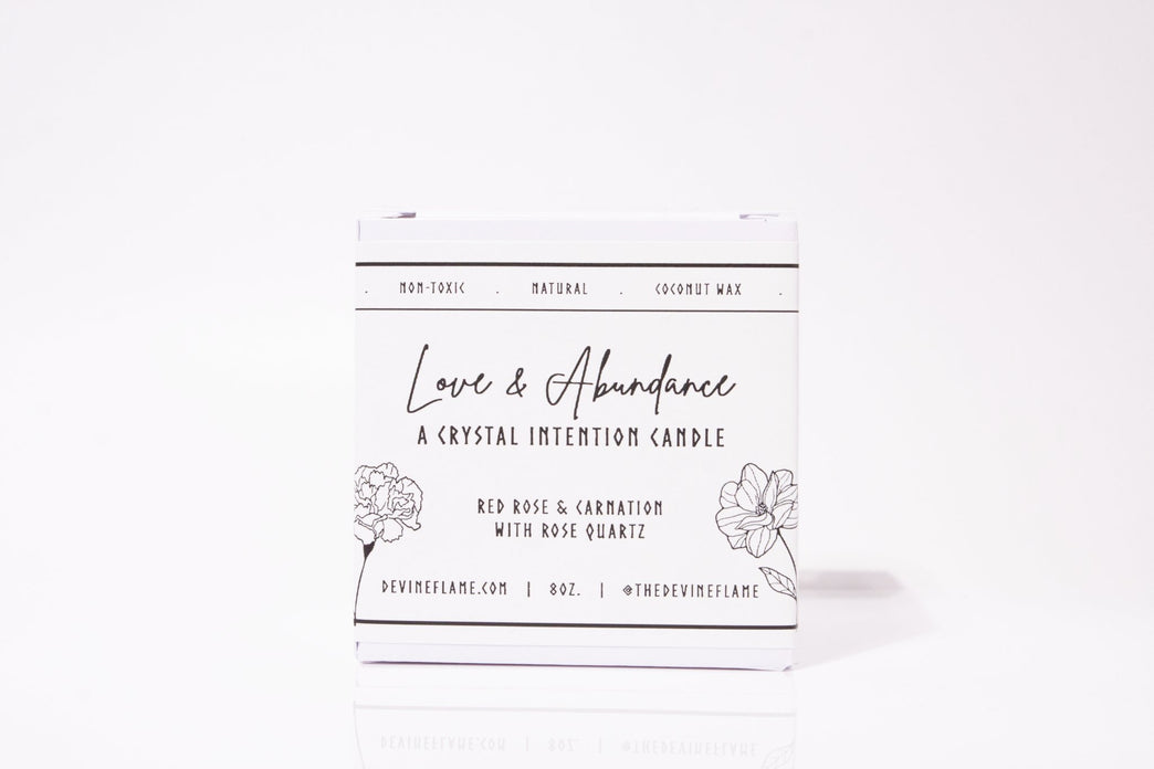 Love & Abundance - Rose Carnation - Devine Flame handmade natural non-toxic & vegan coconut wax crystal infused intention candle with rose quartz