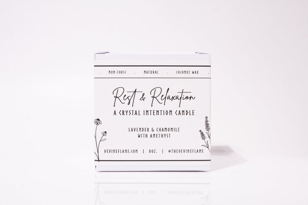 Rest & Relaxation - Lavender Chamomile - Devine Flame handmade natural non-toxic & vegan coconut wax crystal infused intention candle with amethyst crystal