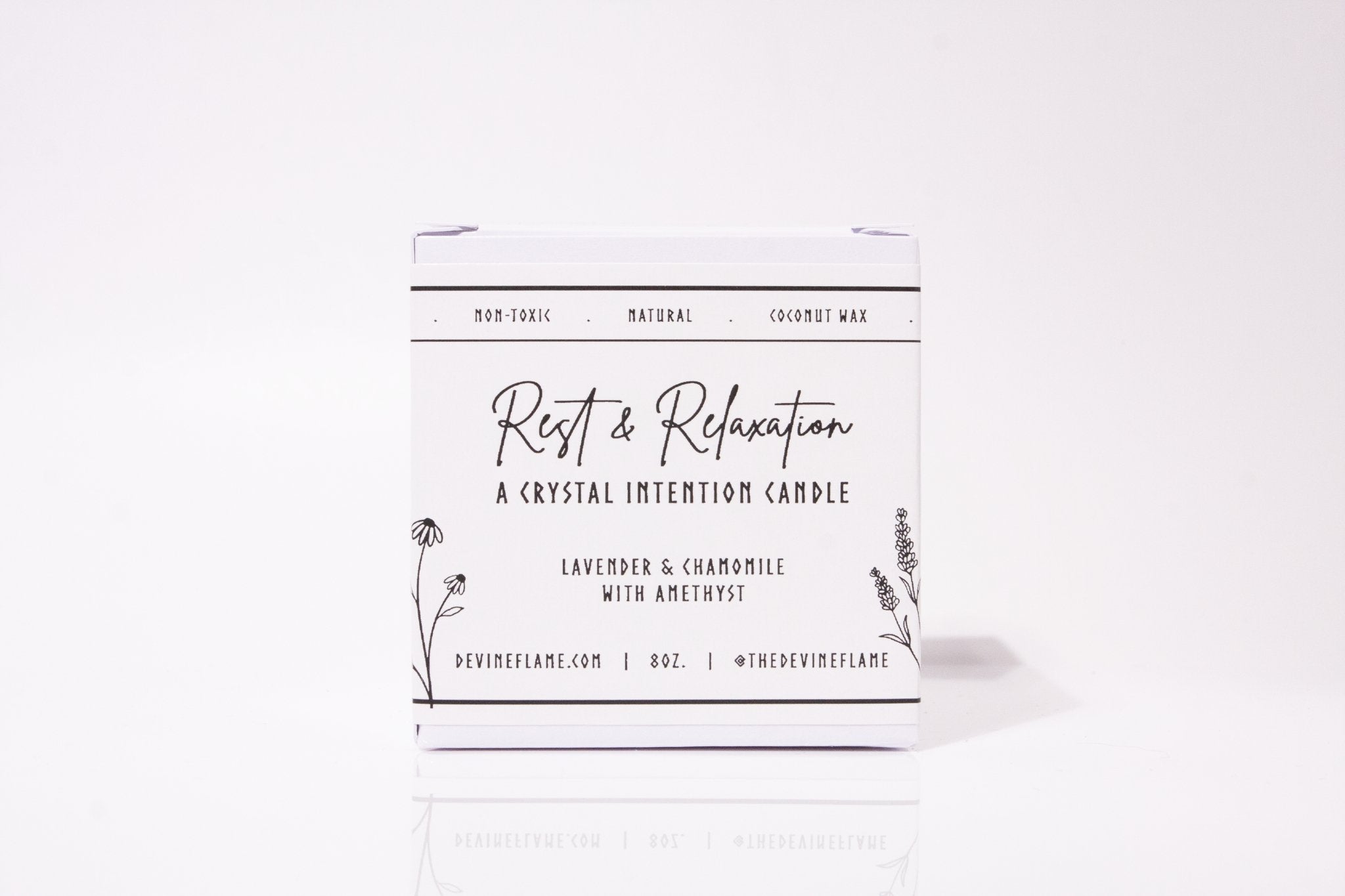 Rest & Relaxation - Lavender Chamomile - Devine Flame handmade natural non-toxic & vegan coconut wax crystal infused intention candle with amethyst crystal
