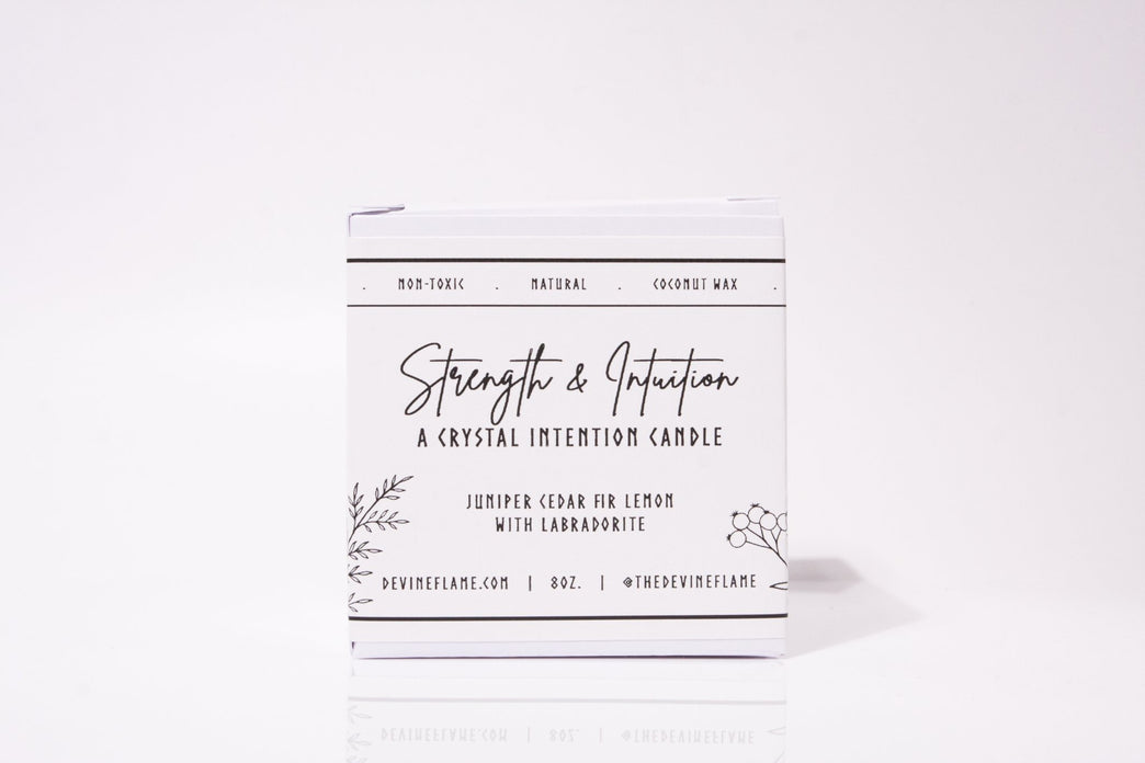 Strength & Intuition - Juniper Cedar Fir - Devine Flame handmade natural non-toxic & vegan coconut wax crystal infused intention candle with labradorite crystal