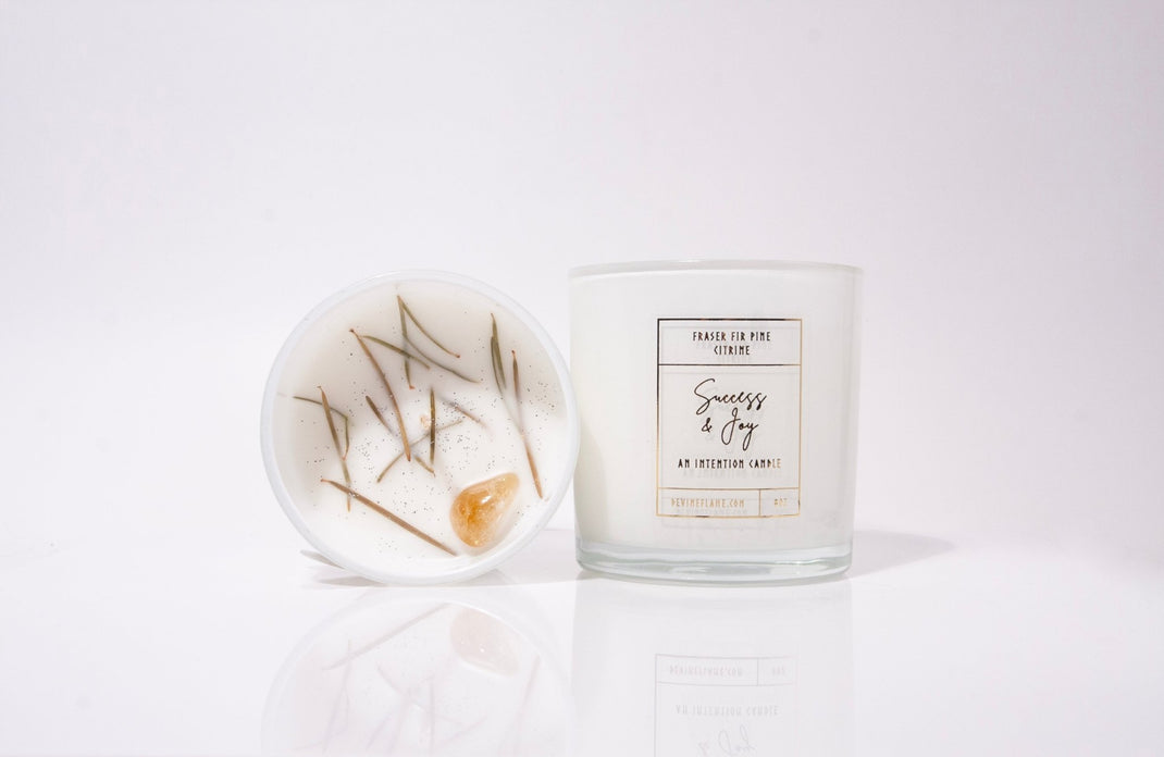 Success & Joy - Fir Pine Cedar - Devine Flame handmade natural non-toxic & vegan coconut wax crystal infused intention candle with citrine crystal